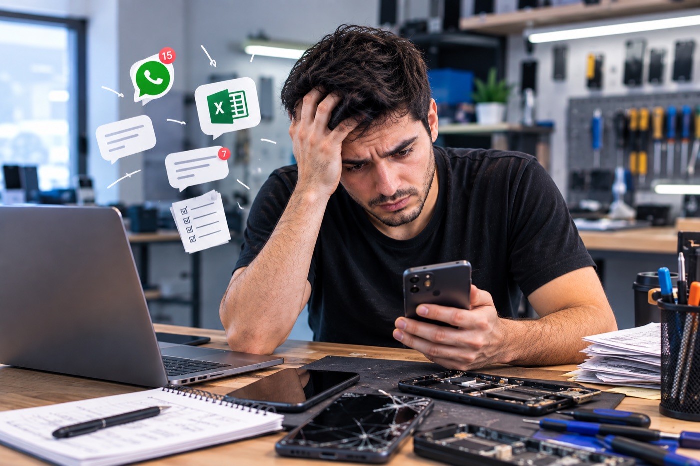Un técnico en su mesón, con el teléfono en la mano, mensajes de WhatsApp sin leer, una planilla de Excel, un cuaderno anotado y varios equipos desarmados.