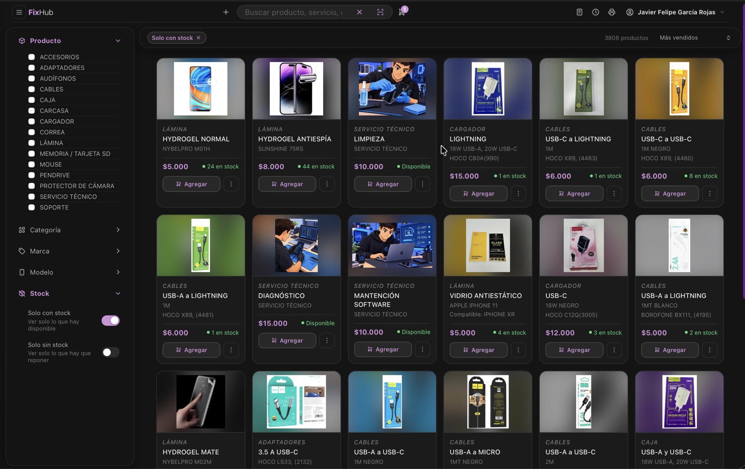 El catálogo de FixHub: los productos con su foto, su precio y cuánto queda en stock.